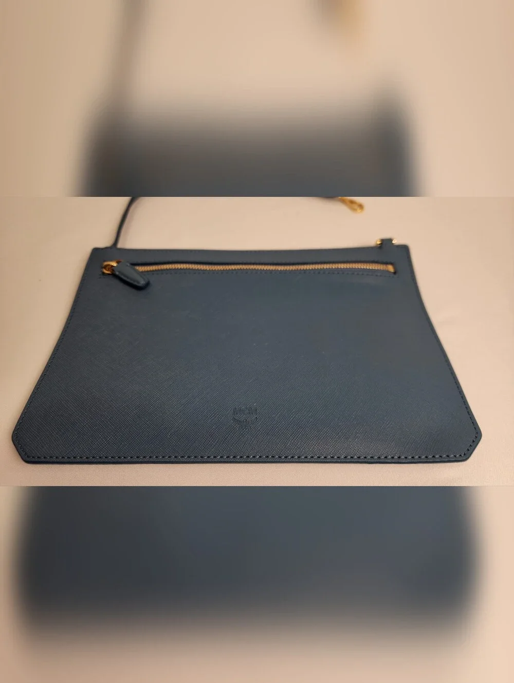 Blue MCM Saffiano Leather Shopper Tote Bag Matching Detachable Pouch Gold - Picture 7 of 16